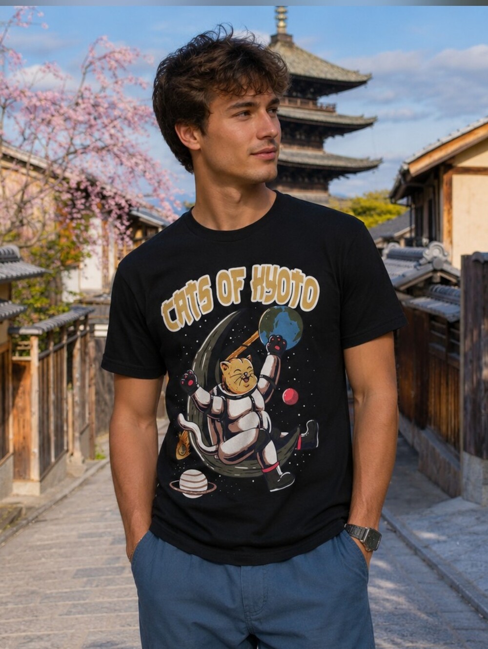 NWOT Cats of Kyoto Graphic Tee - Black 100% Cotton Size Medium Cat Astronaut